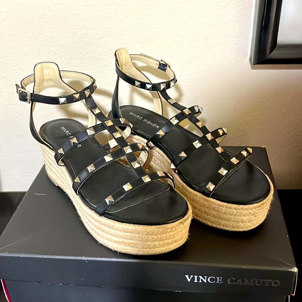 Marc Fisher black, studded platform, espadrille, sandals